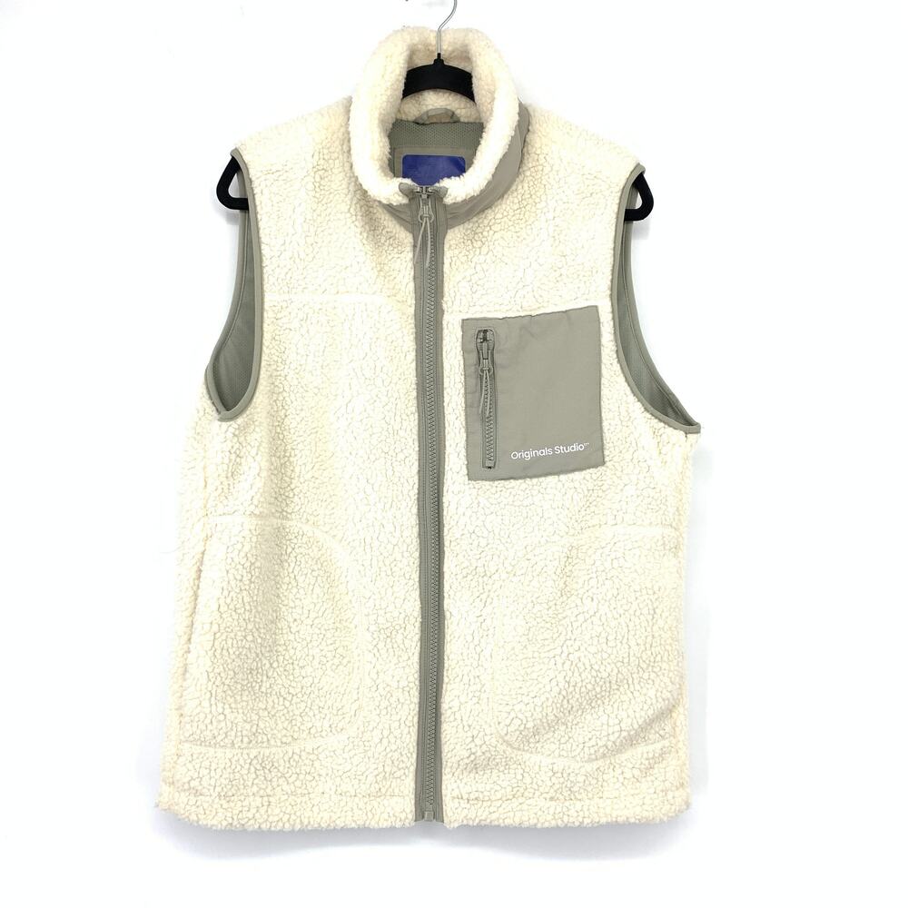 Jack & Jones Originals Studio Sherpa Full Zip Vest Mens Size Medium Cream Gray